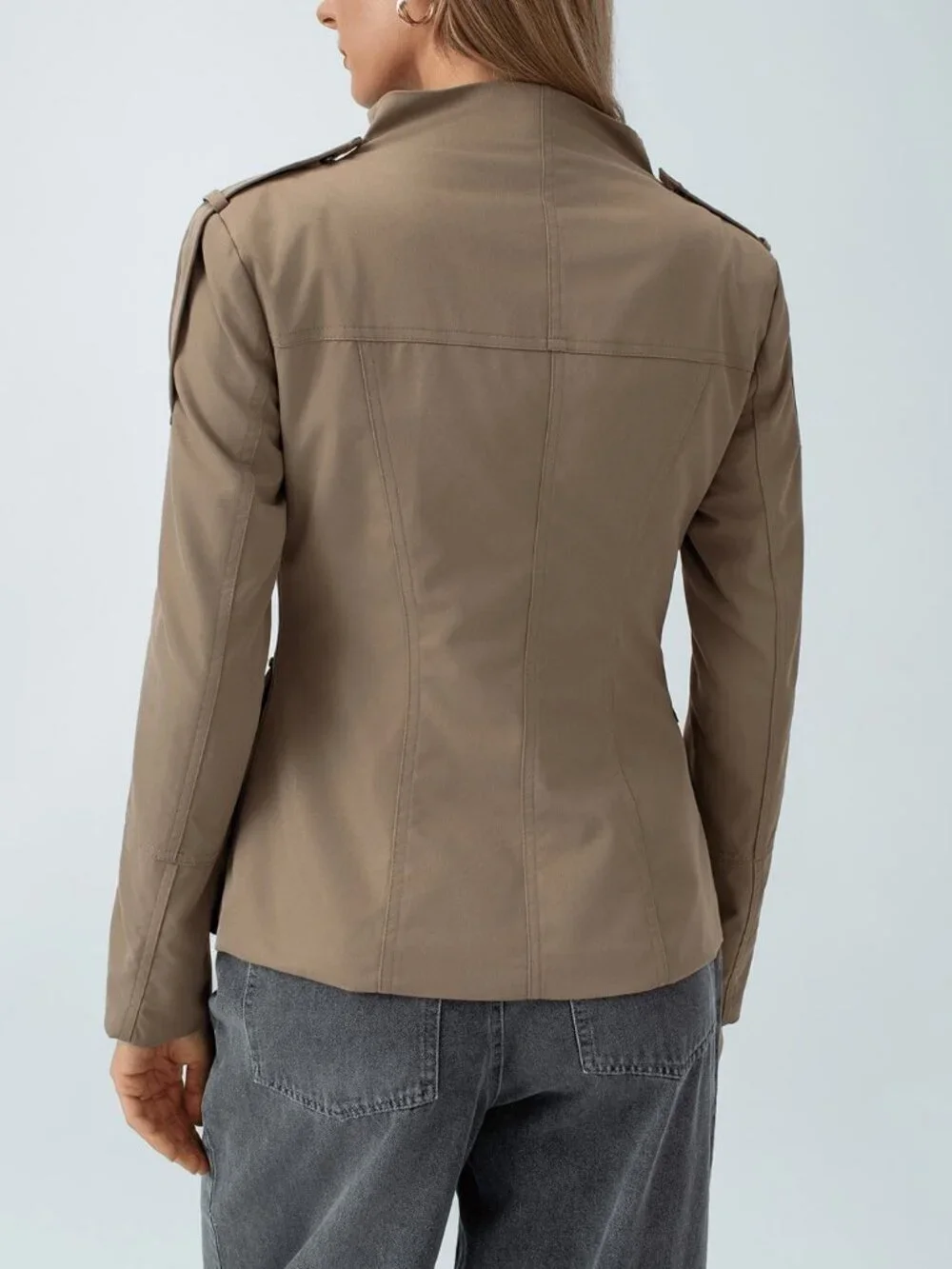 Khaki Casual Women's Epaulet Design Stand Collar Fitted Jacket